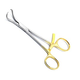 AAProTools Bone Reduction Forceps 5.5" Clamp Curved Pointed Jaws Long Ratchet Gold Handle