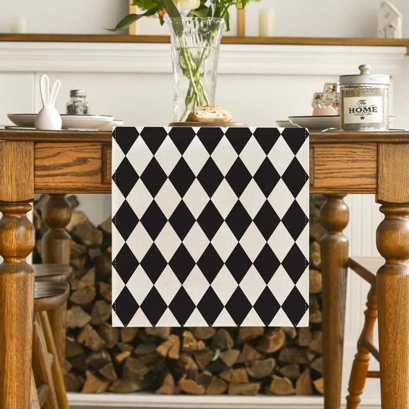 Black and White Diamond Table Runner Tea Themed Party Decor