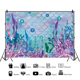 ASDCXZ Mermaid Photo Backdrop 7x5FT, Dreamy Under the Sea Purple Turquoise Mermaid Scales Coral Photography Backdrop Princess Girl 1st Birthday Baby Shower Party Decoration Banner Studio Props