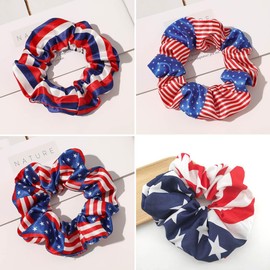 4 Packs 4th of July Hair Scrunchies Patriotic Elastic Scrunchy Ponytail Holders Hair Ties USA Flag Star Design Hair Bands Independence Day Silk Satin Scrunchy Hair Accessories for Women Girls