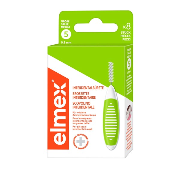elmex Interdental Brush Green (Size 5, 0.8 mm), 1 x Pack of 8 Interdental Brushes for Cleaning Middle Interdental Spaces