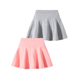 Fdqin 2 Pack Girls Skirts Elastic Flared Plain Tennis Skater Skirts with Built-in Shorts Kids Active Flowy Skorts, Pink/Gary, 7-8 Years