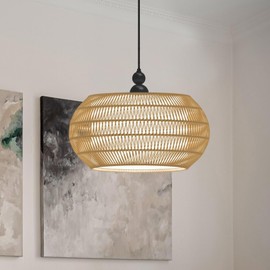 QIHONGLT Rattan Pendant Light Chandelier, 13.4 inch Boho Woven Basket, 3-Light Adjustable Height, Modern Dining Room Kitchen Island Lighting (Black)