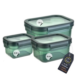 Engelland - Set of 3 Storage Jars with Lids, Airtight, Leak-Proof, Stackable, Storage Jars, BPA-Free, Plastic, Various Sizes, 0.4 L / 0.8 L / 1.5 L, Transparent Moss Green