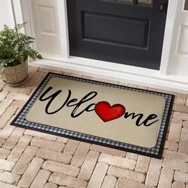 Decorhua Welcome Valentines Day Door Mat 17 x 29 Inch, Seasonal Love Heart Valentines Decorative Doormat Non-Slip Rubber Backed Entryway Rugs for Indoor Outdoor Entrance Floor DM041