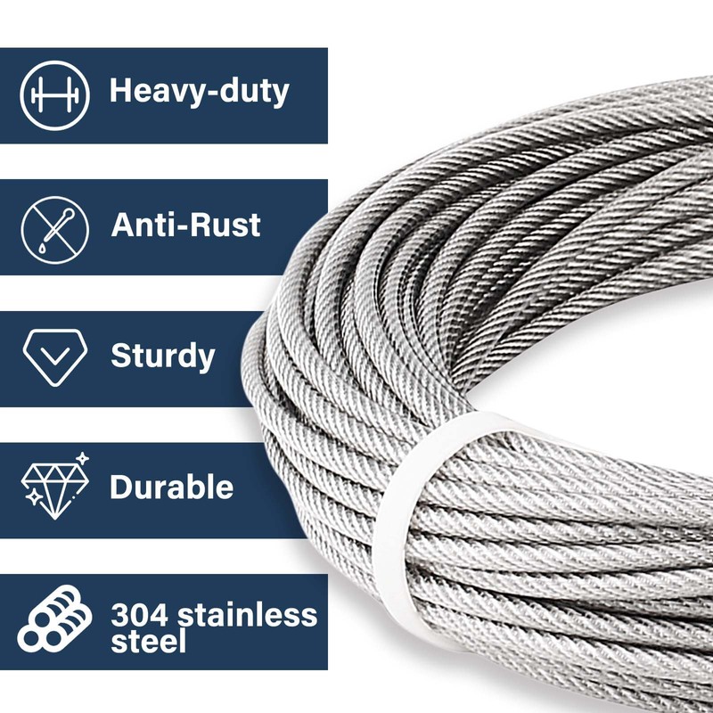 Fshihine 3/16 Wire Rope, 50ft Stainless Steel Cable with Wire