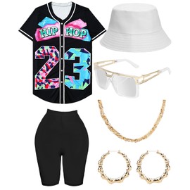 80s 90s Outfit for Women, Unisex Hip Hop Costume Baseball Jersey Shirt Yoga Pants Bucket Hat Gold Chain Rapper Accessories