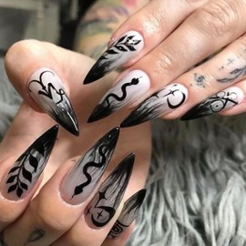 24 Pcs Stiletto Press on Nails Long Almond Fake Nails Dark Style RIICFDD False Nails With Snake Leaf Moon and Star Pattern Designs Artificial Acrylic Nails Full Cover Glue on Nails for Women and Girls