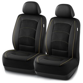 Road Comforts Car Seat Covers, Leather Front Seat Covers with Piping, Air-Cool Mesh Designed, Airbag Compatible Automotive Seat Covers for Most Car, Truck, Van, SUV - Black with Beige Piping