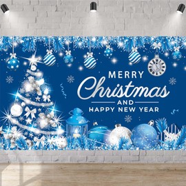 Blue Merry Christmas Banner – Large Christmas Banner Winter Holiday Party Sign with Silver Christmas Tree Snowflake Elements for Indoor & Outdoor Happy New Year Decoration Xmas Photo Backdrop