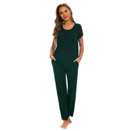 Smallshow Women's Maternity Nursing Pajamas Short Sleeve Postpartum Clothes Medium,Deep Green