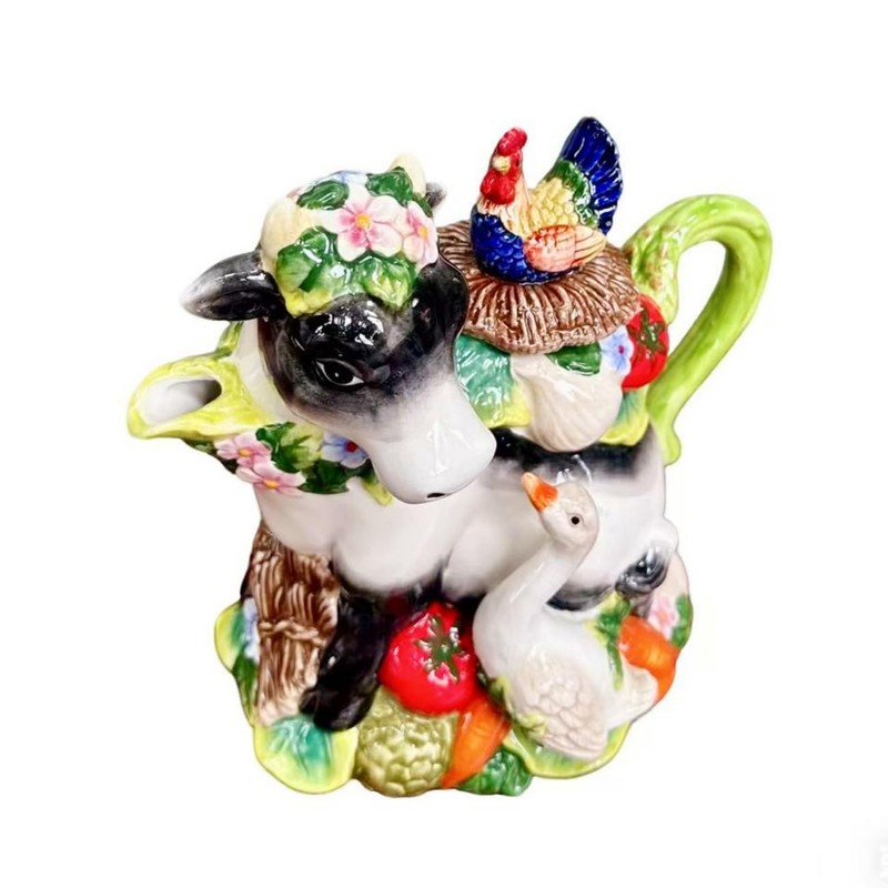 Minigift Farmhouse Cow Teapot with Rooster, Rustic Farm Animal Decorative
