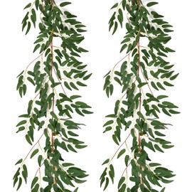 2PCS 5.7FT Fake Willow Leaves Vines Twigs, Artificial Hanging Italian Ruscus Greenery Garland Leaves, Faux Ivy Vines Willow Branches Plant Fern Garlands Skil for Indoor Realistic Outdoor Decoration