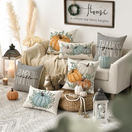 Artoid Mode Orange Pumpkins Eucalyptus Autumn Cushion Covers Set of 4 50 x 50 cm Decorative Cushion Cover Couch Living Room Outdoor Decoration