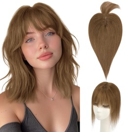 Hairro Human Hair Topper with Wispy Bangs, Clips on 360° 3D Cover Real Hairpieces Lightweight, 2.25"x6" Base for Women with High Hairline/Thinning Hair, 10 Inch Medium Brown