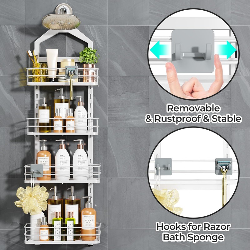 ODesign 4 Tier Height-Adjustable Shower Caddy Hanging Anti-Swing-Over The Shower