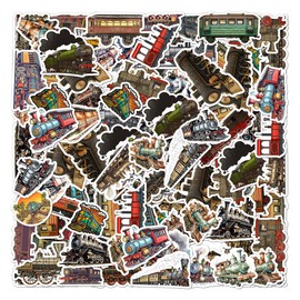 50 Pack Pcs Vintage Train Stickers for Water Bottles Waterproof Vinyl Laptop Luggage Scrapbooking Transportation Sticker Packs Bulk Set Teens Adults Boys Aesthetic Small Decals