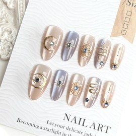 Medium Press on Nails Almond Fake Nails with Rhinestones Design Nails Star Moon False Nails Reusable Gem Acrylic Nails Metal Snake Stick on Nails Purple Gold Glue on Nails for Women DIY Manicure 24Pcs