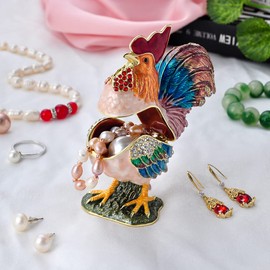 FJ FENGZHIJIE Chicken Trinket Box with Golden Crystal Enamel Design, Elegant Home Decor & Unique Gift for Animal Lovers, Farmhouse Style, or Seasonal Décor
