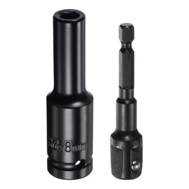 sourcing map 1/2" Drive 8mm 6-Point Deep Sockets 3" Length with 1/2" to 1/4" Hex Shank Adapters Phosphate Coated, CR-V Steel Socket Adapter Accessory Set Kit for Hex Bolts Nuts