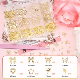 Gold Nail Charms, Butterfly Star Heart Bow Nail Golden Charms, Multi Shapes Hollow Butterflies Bowknot Hearts Stars Gold Rivets Nails Studs Charm for Nails Art Supplies DIY Accessories