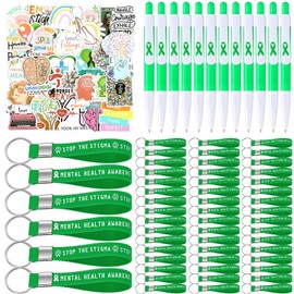 Sayglossy 298 Pcs Mental Health Awareness Items Include Mental Health Stickers Rubber Keychains and Ballpoint Pens Green Awareness Ribbon for Mental Faith Health Awareness Gifts Supporting Minds