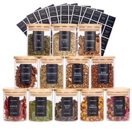 datmox 8oz Spice Jars with Bamboo Airtight Lids and Labels, 12 pcs Small Glass Containers with Bamboo Lids, Kitchen Organizer for Seasoning, Spice Containers for Spices, Tea, Salt, and Candy