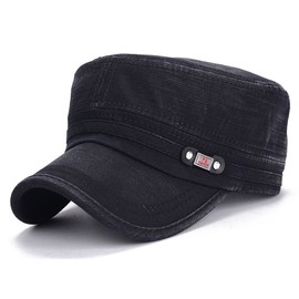 ChezAbbey Unisex Fitted Flat Top Cap Solid Brim Army Cadet Style Military Hat with Adjustable Strap