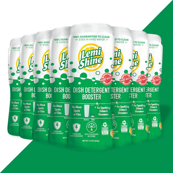 Lemi Shine Dish Detergent Booster, Hard Water Stain Remover, Multi-Use Citric Acid Cleaner (10 oz container, 8 pack bundle)
