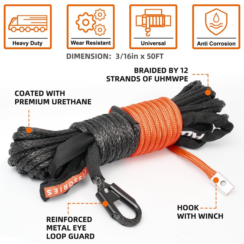 ALL-TOP Synthetic Winch Rope Cable, 3/16" x50ft, 8350LBS Winch Replace