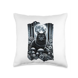 Fairycore Revival Goth Boho Cat Monochrome with Toadstool Moonlight Forest Throw Pillow, 16x16, Multicolor
