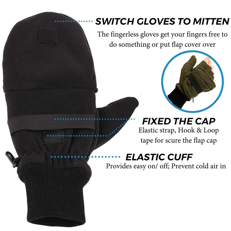 Zeltauto Men’s Thinsulate Gloves Convertible Fingerless Mitten Flap Cover Multipurpose