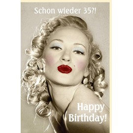 Humorous Retro Birthday Card for Women - "Und schon wieder 35, wie fliegt die Zeit!" - Vintage Style with Glamorous Lady. Congratulations! - With Envelope