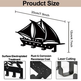 MAYJOYDIY Sailboat Design Key Holder for Wall 20 x 12 cm Metal Coat Hook Wall with 4 Hooks Modern Boat Shape Key Rack for Hallway, Entrance, Kitchen, Bathroom (Black)