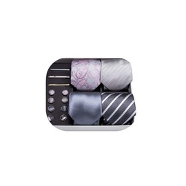 Barry.Wang 4 PCS Gift Tie Set Men's Silk Silver Grey Necktie Pocket Square Cufflinks & Tie Clips Wedding Classic