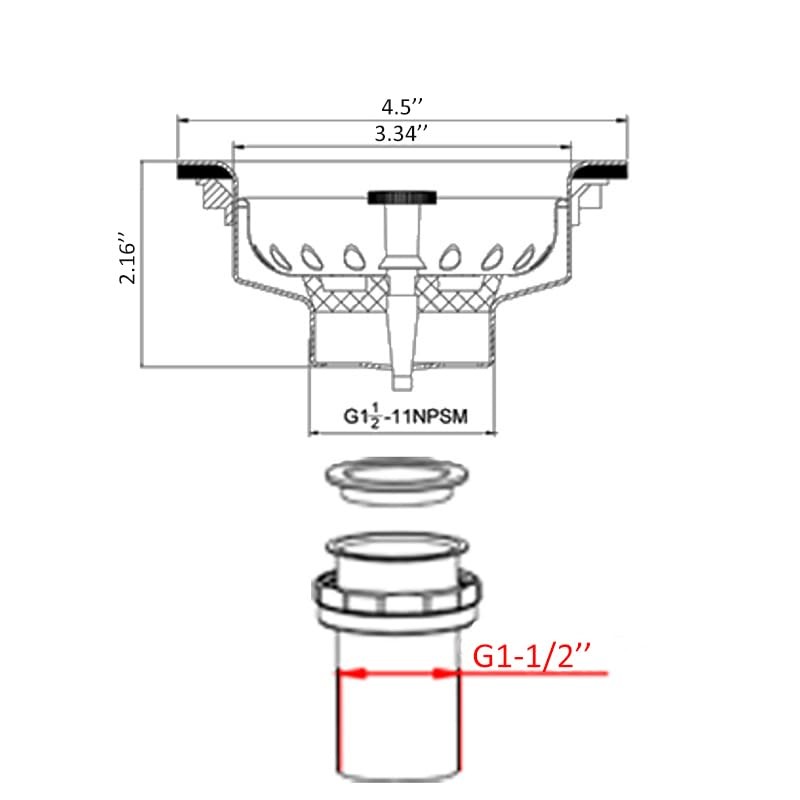 4-1/2'' Kitchen Sink Basket Strainer Waste Kit with Stainless Steel