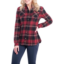 Legendary Whitetails Women's Cottage Escape Flannel Long Sleeve Plaid and Solid Color Clothes for Women, Fitted Button Down, Forest Plaid, Small