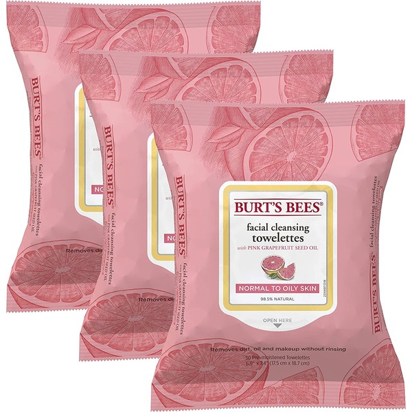 Burt's Bees Facial Cleansing Towelette Wipes for Normal to Oily Skin with Pink Grapefruit, 30 Count, Pack of 3 (Package May Vary)