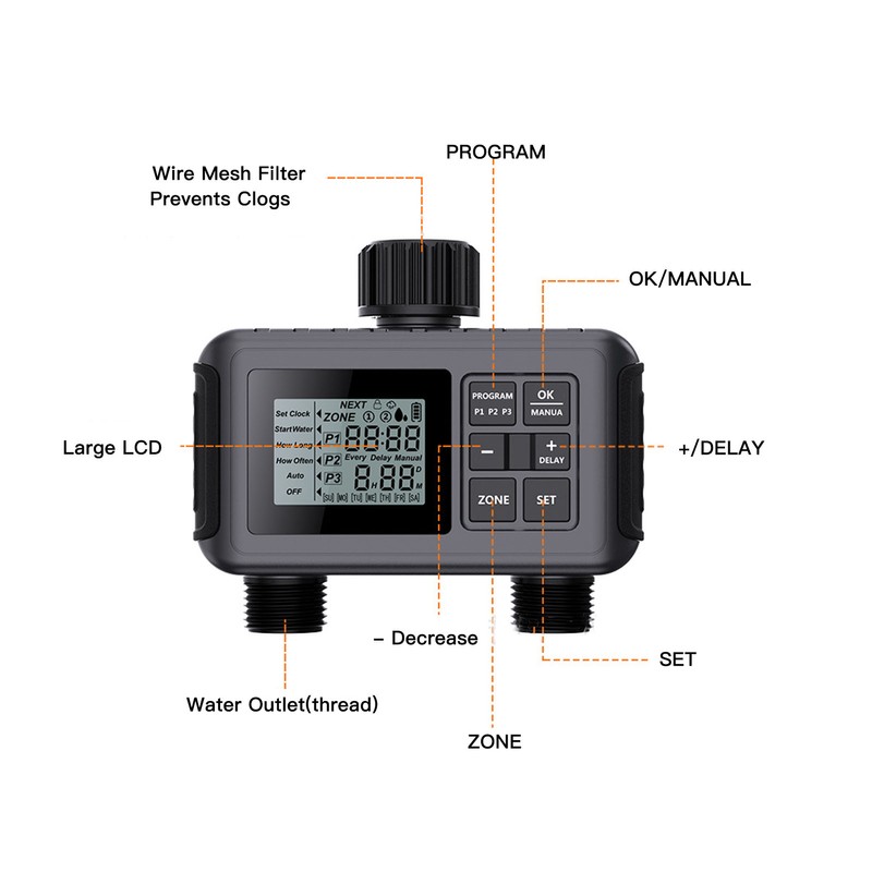 Sprinkler Timer 2 Zone Water Timer Programmable Rain Delay Manual