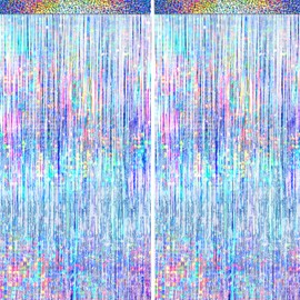 BSRESIN 4 Packs Silver Foil Fringe Curtain, Silver Glitter Metallic Tinsel Backdrop for Birthday, Wedding, Baby Shower, 70s 80s 90s Theme Disco Party, Bachelorette Party, Iridescent Party Decorations Supplies