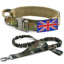 Tactical Dog Collar and Lead Set - YoothBro K9 Military Dog Collar with UK United Kingdom Flag, Adjustable Nylon Dog Collar with Heavy Duty Metal Buckle for Medium Large Dogs Camo, L