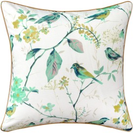 VOGOL 1 Piece Throw Pillow Cover, Green Birds Floral Pattern Printed Country Home Decorate Throw Pillowcase, 18 x 18 Inches Cushion Cover for Bedroom Sofa Office with Gold Piped Trim