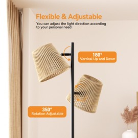 ZBLUXBZ Rattan Floor Lamp with 350° Adjustable Shades - Boho 3 Lights Standing Light, Heavy 30lb Weighted Base, Ideal for Living Room & Bedroom