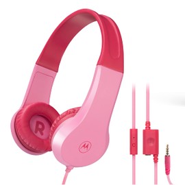 Motorola Sound Moto JR200 Headphones for Kids with Microphone - Over Ear Kid Headphones with Safe Volume Limit 85dB, Audio Splitter - Kids Wired Headphones for School, Home - Pink