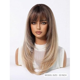 Peluca Sintética Elegant Blonde Wig 150% With Bangs Straight Layered Synthetic Hair Para mujeres