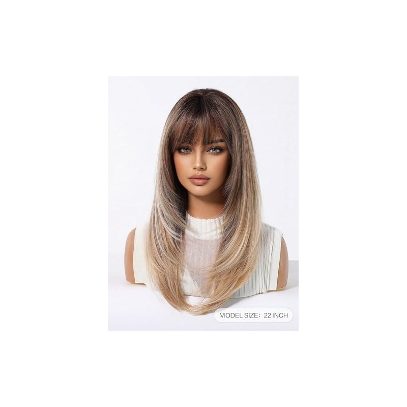 Peluca Sintética Elegant Blonde Wig 150% With Bangs Straight Layered