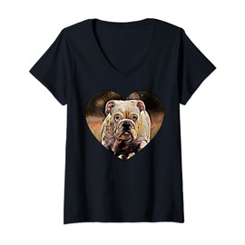 Womens Cute English Bulldog Puppy Heart-shaped Colorful Art Design V-Neck T-Shirt