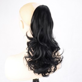 GLEDOLA Ombre Claw Clip In Wavy Loose curly Synthetic Wrap Around Ponytail Extensions Short Pony Tail Clip In Extensions for Women Girl (13 inch—Curly, Black)