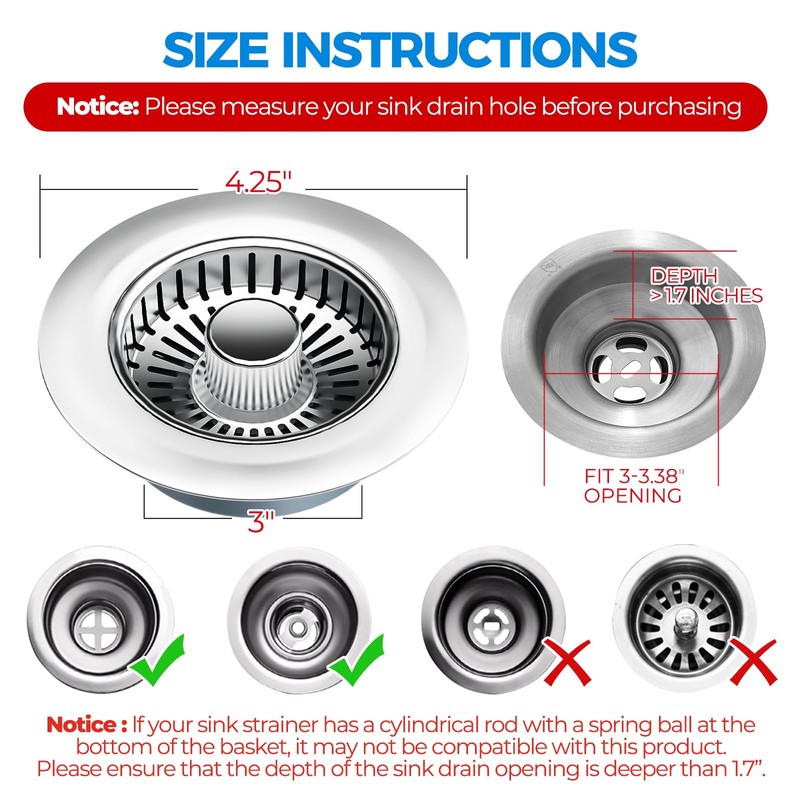 zaa Kitchen Sink Drain Strainer - Kitchen Sink Stopper, 304