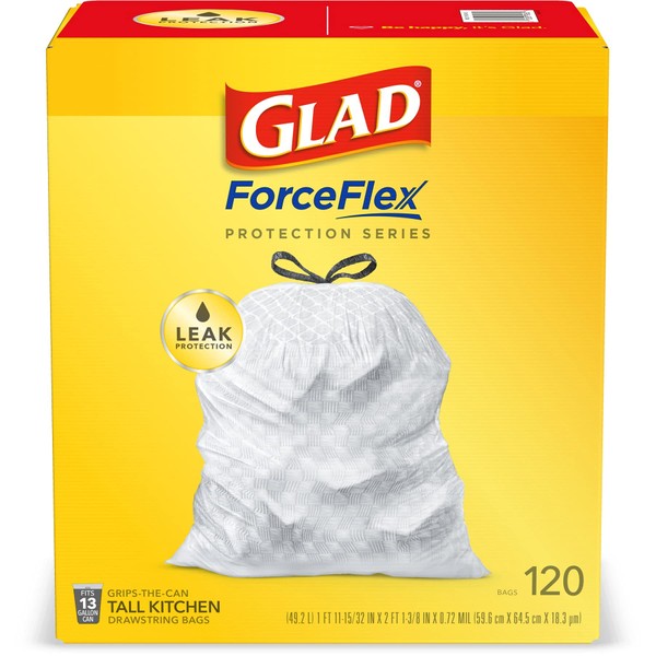 GLAD ForceFlex Tall Drawstring Trash Bags, 13 Gallon White Trash Bags for Tall Kitchen Trash Can, Unscented Leak Protection Bags, 120 Count - Packaging May Vary
